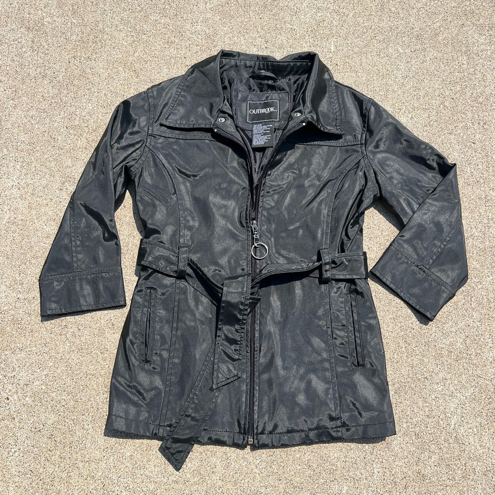 Vtg Outbrook Black Faux Leather Trench Jacket Sz 6 Y2K Biker Streetwear Grunge
